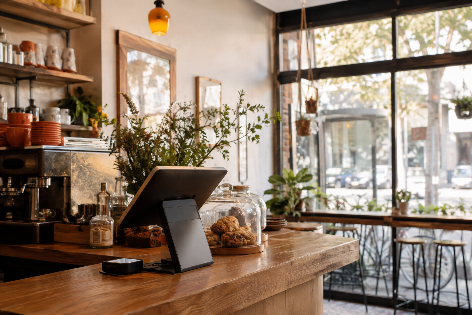 A neighborhood café counter with a point-of-sale terminal